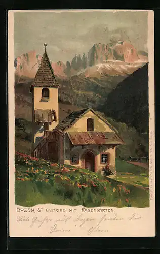 Künstler-AK Bozen, St. Cyprian mit Rosengarten