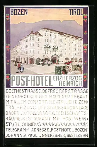 Künstler-AK Bozen, Post-Hotel Erzherzog Heinrich in der Goethestrasse