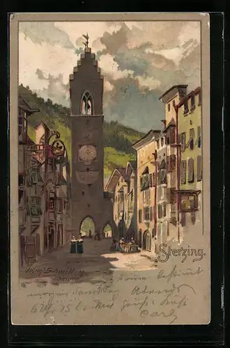 Künstler-AK Sterzing, Strasse mit Glockenturm