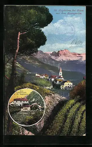 AK St. Magdalena b. Bozen, Gasthoff zum Fliederbauer, Ortsansicht mit Rosengarten