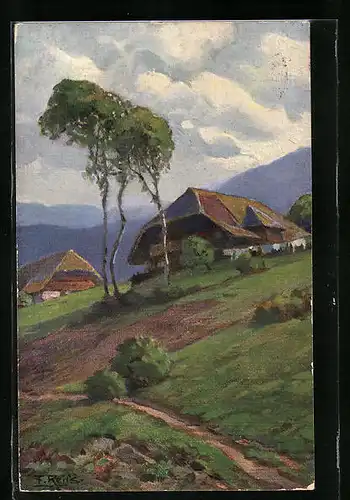 Künstler-AK Fritz Reiss: Schwarzwälder Bauernhäuser im Sommer