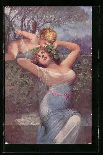 Künstler-AK Fr. Klimes: Amors Kuss an eine schöne Frau