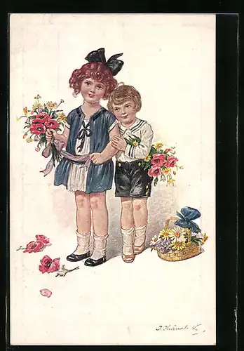 Künstler-AK Kränzle: Niedliches Kinderpaar mit Blumen