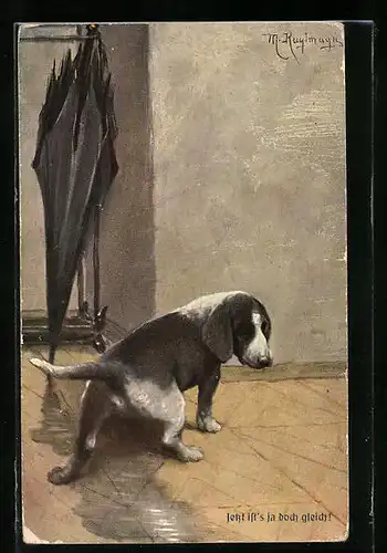 Künstler-AK Max Kuglmayr: Jetzt ist's ja doch gleich!, junger Hund pullert auf den Fussboden