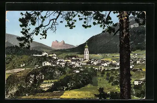 AK Kastelruth, Ortsansicht mit den Geislerspitzen