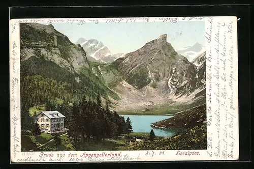 AK Seealpsee, Gasthaus am See vor Bergkulisse