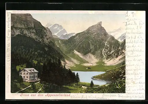 AK Seealpsee, Gasthaus aus der Vogelschau mit Gipfelblick