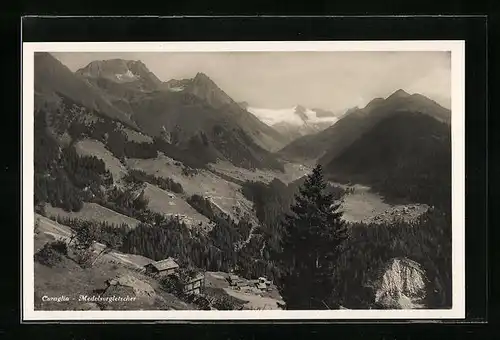 AK Curaglia, Ortsansicht aus der Vogelschau, mit Medelsergletscher