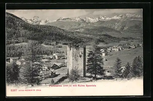 AK Pontresina, Ortsansicht mit Ruine Spaniola