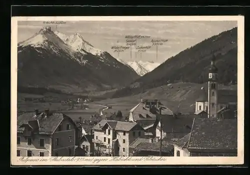 AK Fulpmes im Stubaital, Ortsansicht gegen Habicht und Gletscher