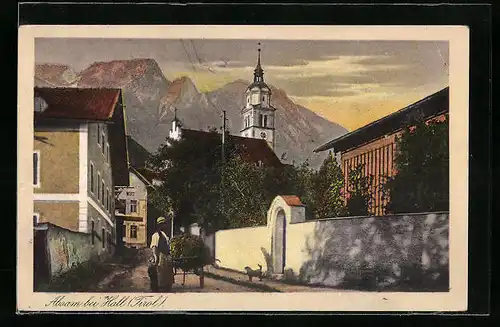 AK Absam bei Hall, Strassenpartie mit Blick auf Kirche