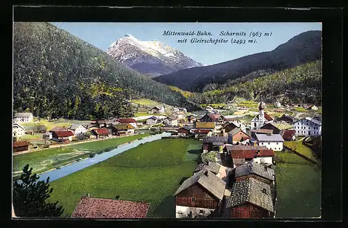 AK Scharnitz an der Mittenwald-Bahn, Ortsansicht mit Fluss und Gleirschspitze