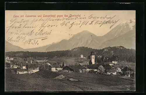 AK Lans, Ortsansicht mit Lansersee und Lanserkopf gegen das Oberinntal