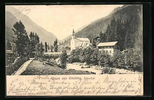 AK Ginzling i. Zillerthal, Ortspartie mit Kirche