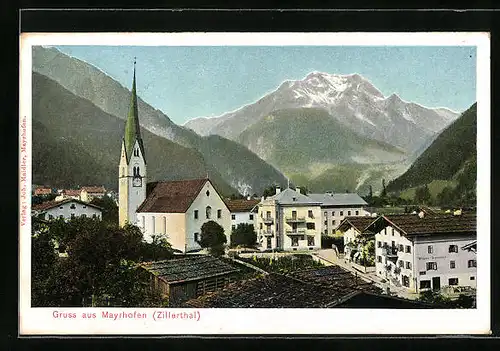 AK Mayrhofen, Ortspartie mit Gasthaus
