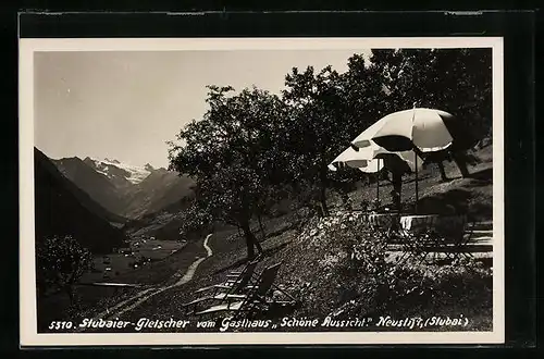 AK Neustift / Stubai, Stubaier Gletscher vom Gasthaus Schöne Aussicht