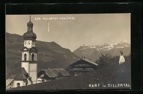 AK Hart im Zillertal, Teilansicht mit Gasthaus Zum goldenen Schlögel