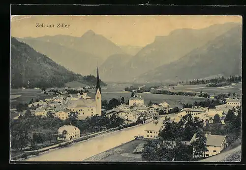 AK Zell am Ziller, Totalansicht mit Gebirgswand