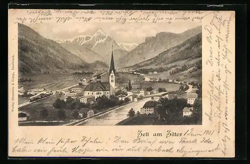 Künstler-AK Zell am Ziller, Uferpartie mit Kirche und Eisenbahn