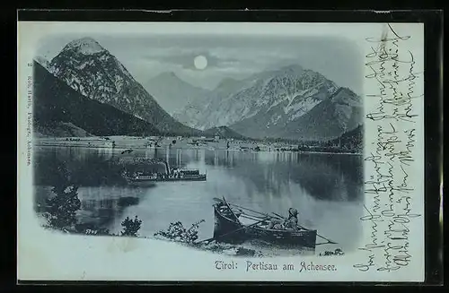 Mondschein-AK Pertisau am Achensee, Uferpatie mit Dampfer und Boot