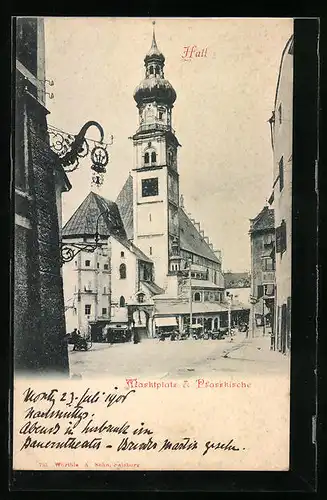 AK Hall, Marktplatz mit Gasthaus & Pfarrkirche