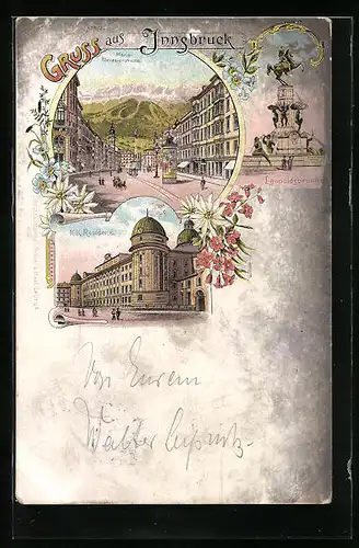 Lithographie Innsbruck, K. K. Residenz, Maria Theresienstrasse mit Litfasssäule, Leopoldsbrunnen