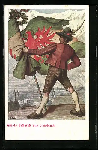 Künstler-AK Innsbruck, Tiroler Landesjahrhundertfeier 1809-1909, Mann mit Fahne