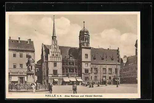 AK Halle a.d. Saale, Ortspartie mit Altem Rathaus und Händel-Denkmal