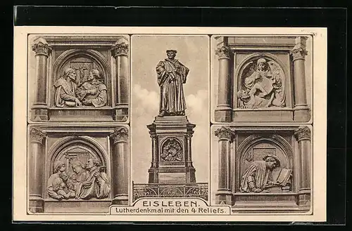 AK Eisleben, Lutherdenkmal mit den 4 Reliefs