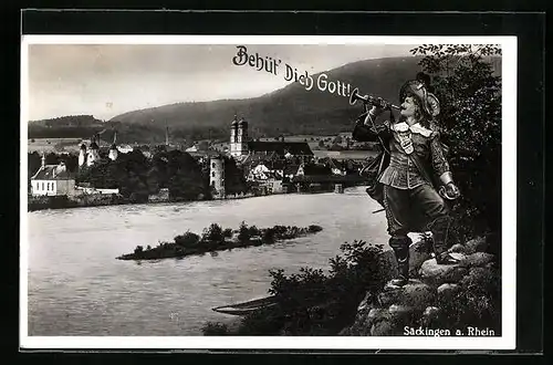 AK Säckingen a. Rhein, Flusspartie mit Kirche