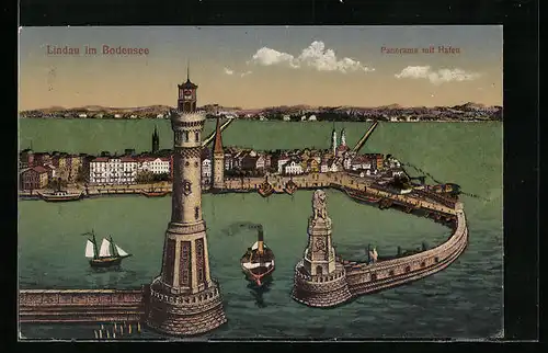 AK Lindau am Bodensee, Panorama mit Hafen
