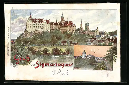 AK Sigmaringen, Ortsansicht mit Kirchturm