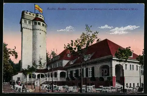 AK Baden-Baden, Aussichtsturm und Restaurant auf dem Merkur