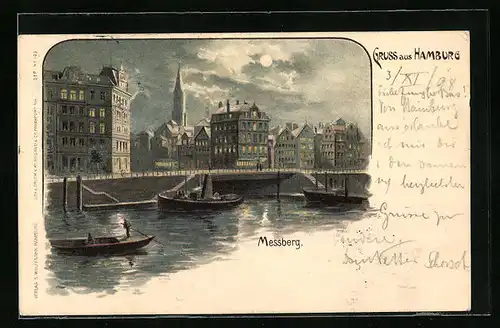 Lithographie Hamburg, Messberg mit Booten auf der Elbe