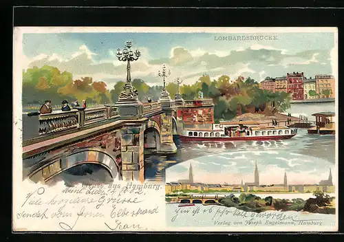 Lithographie Hamburg-Neustadt, Lombardsbrücke mit Ausflugsboot