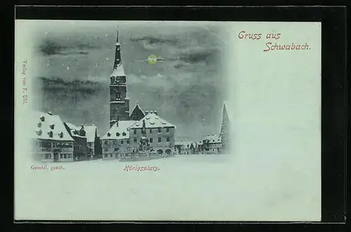 Mondschein-AK Schwabach, Königsplatz im Winter