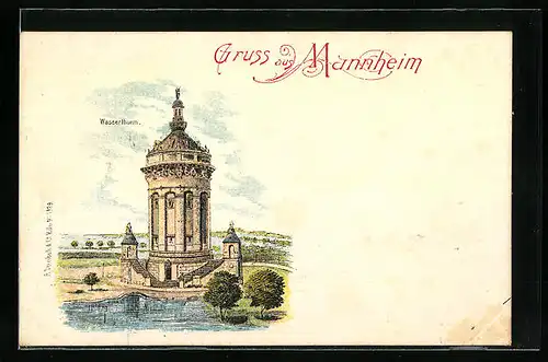 Lithographie Mannheim, Blick auf den Wasserthurm