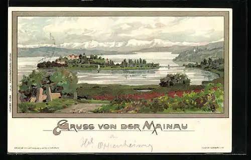 Lithographie Mainau, Blick auf die Insel im Bodensee