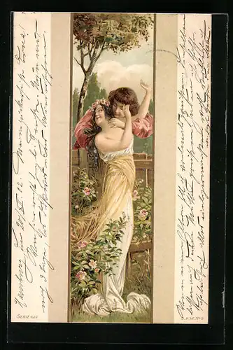 Lithographie Dame im Rosengarten, Jugendstil