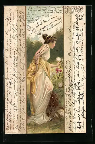 Lithographie Dame pflückt Blumen, Jugendstil