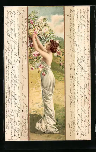 Lithographie Dame pflückt Rosen, Jugendstil