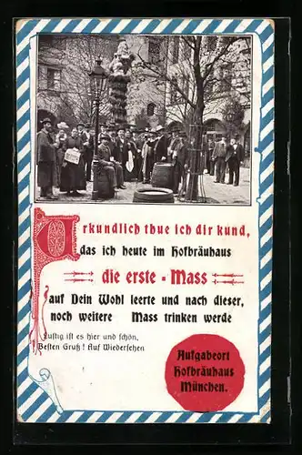AK Münchner Hofbräuhaus mit Gästen, Urkunde die erste Mass
