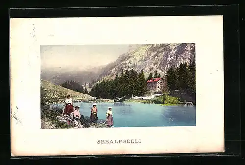 AK Schwende-Rüte, Seealpseeli, Blick auf den See und Frauen in Tracht