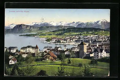 AK Luzern, Blick auf die Stadt und die Alpen