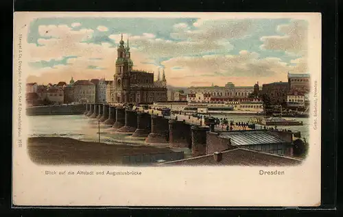 AK Dresden, Blick auf die Altstadt und Augustusbrücke mit Strassenbahn
