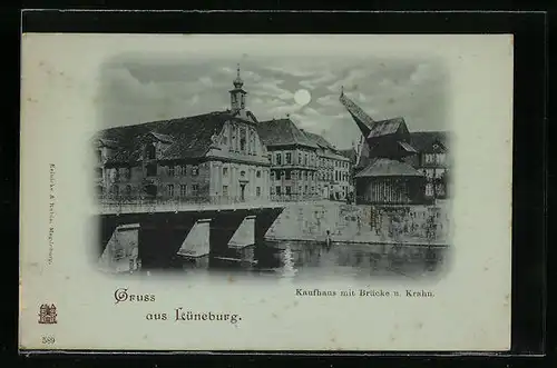 Mondschein-AK Lüneburg, Kaufhaus mit Brücke und Kahn
