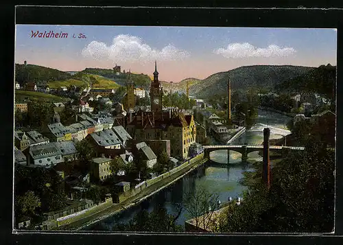 AK Waldheim, Uferpartie mit Brücke