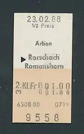 Fahrkarte Arbon - Rorschach - Romanshorn, 2. Klasse