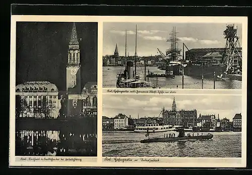 AK Kiel, Rathaus und Stadttheater bei Beleuchtung, Hafenpartie mit Germania Werft und Schiffen im Bau