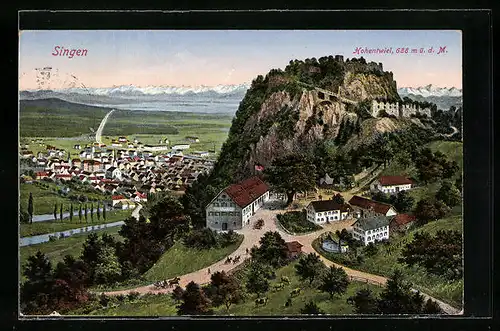 AK Singen, Ortsansicht mit Gasthof Hohentwiel